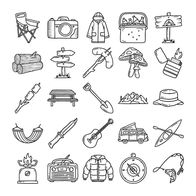 Conjunto de vectores de iconos dibujados a mano de camping