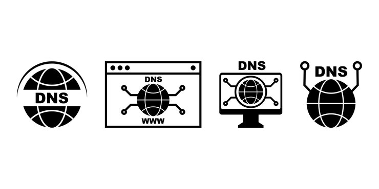 Vector conjunto de vectores con iconos dns. servidor de nombres de dominio. dns y globo web. 10 eps vectoriales.