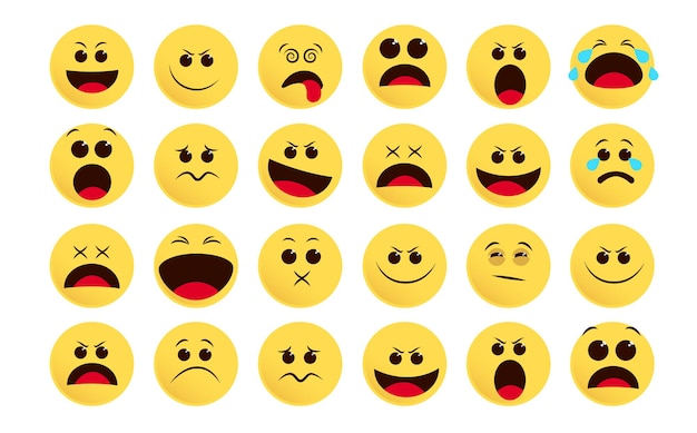 Conjunto de vectores de iconos de emoticonos Emoji y emoticonos planos en diferentes expresiones faciales como una triste sorpresa