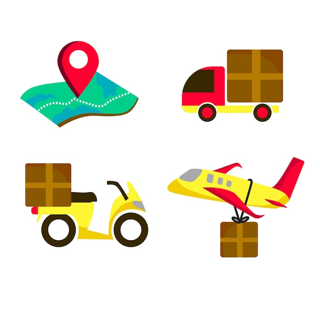 Conjunto de vectores de iconos de entrega Mapa tierra avión motocicleta camión de reparto tienda en línea