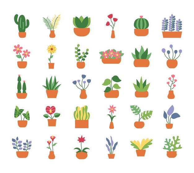 Vector conjunto de vectores de iconos de flores y plantas con estilo plano