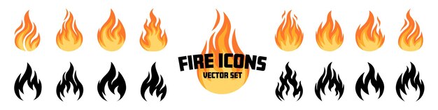 Conjunto de vectores de iconos de fuego iconos planos y de silueta