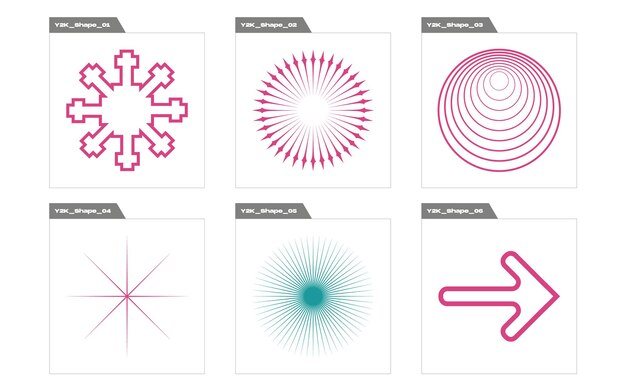Conjunto de vectores de iconos minimalistas planos de activos gráficos extraordinarios Y2K