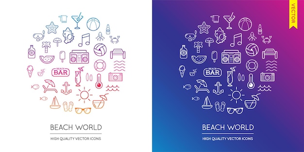 Conjunto de vectores de iconos modernos planos finos de playa inscritos en forma redonda