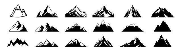 Conjunto de vectores de iconos de montañas Picos rocosos Cadenas de montañas