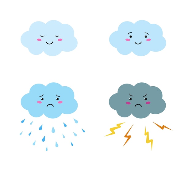 Conjunto de vectores de iconos de nube de dibujos animados de clima lindo Dormir sonriendo tormenta de lluvia sombría