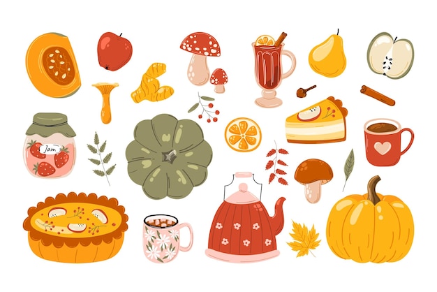 Conjunto de vectores de iconos de otoño: calabaza, hojas que caen, comida acogedora, champiñones y comida.