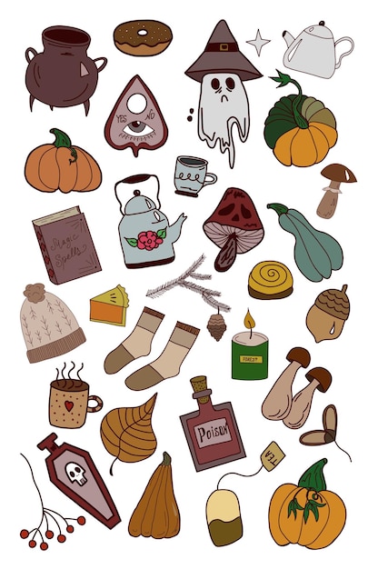 Vector conjunto de vectores de iconos de pegatinas de halloween divertidos dibujos animados