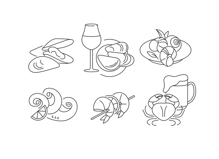 Conjunto de vectores iconos de plantilla para productos del mar pulpo gambas mejillones caracoles cangrejos ostras Emblemas de línea