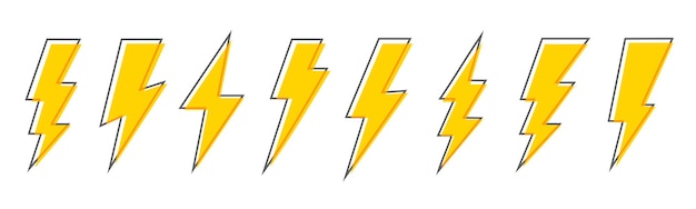 Conjunto de vectores de iconos de relámpagos Icono de destello de trueno Relámpago Amarillo con marco negro Estilo de dibujos animados