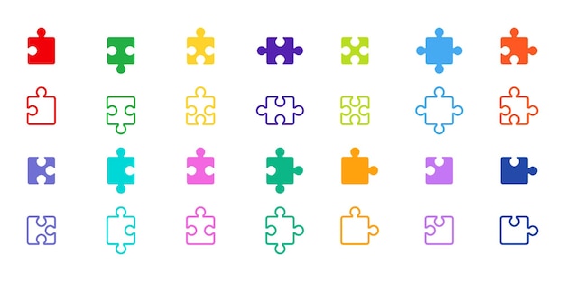 Conjunto de vectores de iconos de rompecabezas sobre fondo blanco Colección con rompecabezas de piezas de colores