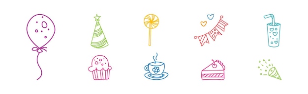 Conjunto de vectores de iconos y símbolos de línea de celebración de fiestas y cumpleaños