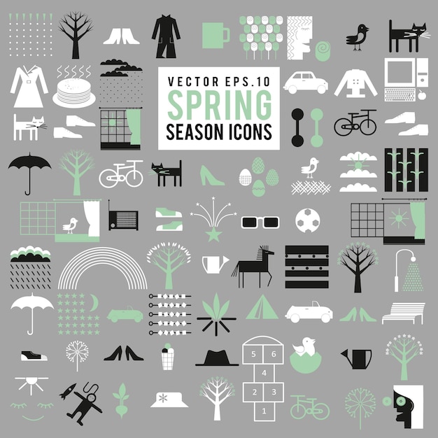Vector conjunto de vectores de iconos de la temporada de primavera gran colección de diferentes ilustraciones de primavera