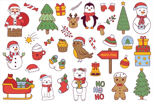 Conjunto de vectores de iconos de vacaciones Ilustración infantil para Navidad Conjunto de elementos de Navidad grandes