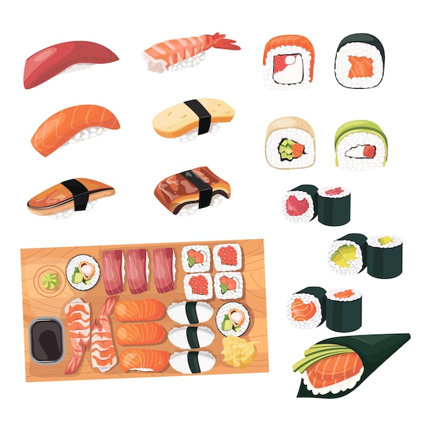 Conjunto de vectores ilustración de comida japonesa para diseño de tienda de rollos de sushi de mariscos Conjunto de iconos de sushi