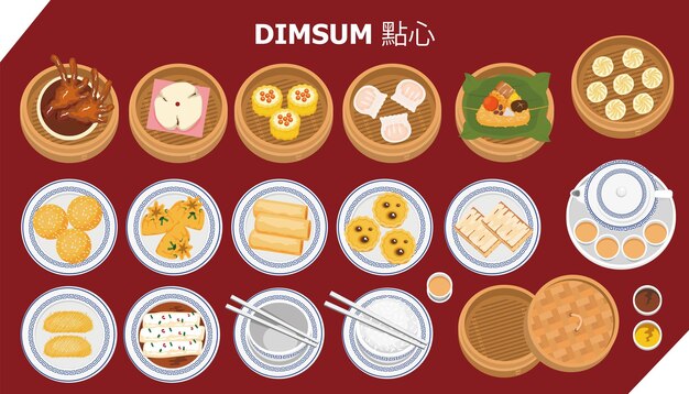 Vector conjunto de vectores de ilustración de dim sum comida asiática aislada para el ajuste de la mesa de la comida china xiao long bao