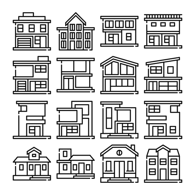 Conjunto de vectores de ilustración de edificios de arte de línea de casas