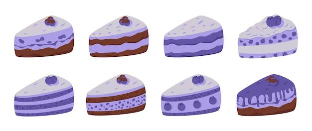 Vector conjunto de vectores de ilustración de pastel de arándano dulce y delicioso, arándano y crema batida