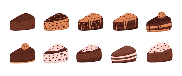 Vector conjunto de vectores de ilustración de pastel de chocolate dulce y delicioso, cobertura de chocolate y crema batida