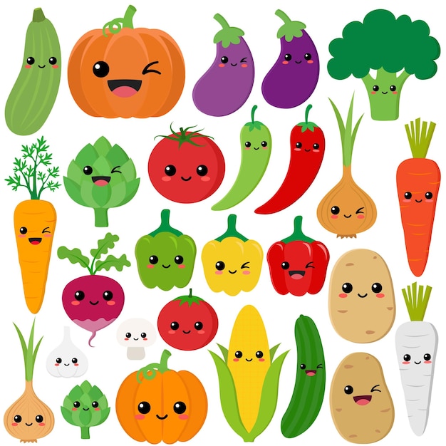 Vector conjunto de vectores de ilustración de personajes de verduras kawaii