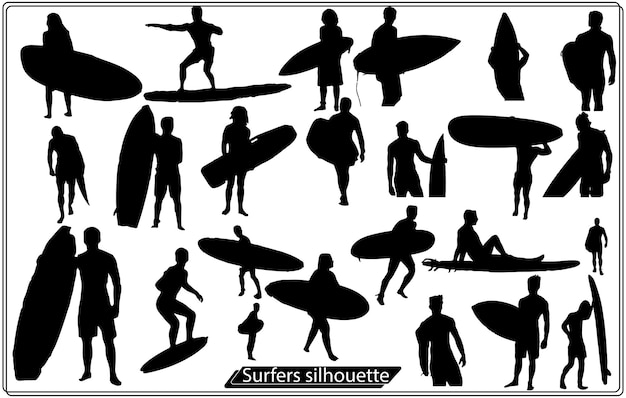 conjunto de vectores de ilustración de silueta de surfista