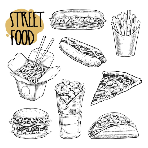 Conjunto de vectores de ilustraciones de comida callejera.