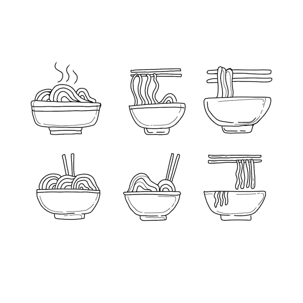 Conjunto de vectores de ilustraciones de fideos dibujados a mano de ramen y fideos