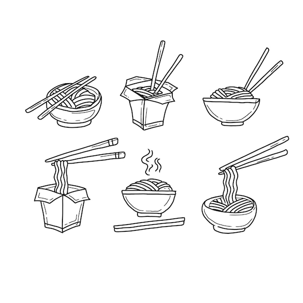 Conjunto de vectores de ilustraciones de fideos dibujados a mano de ramen y fideos