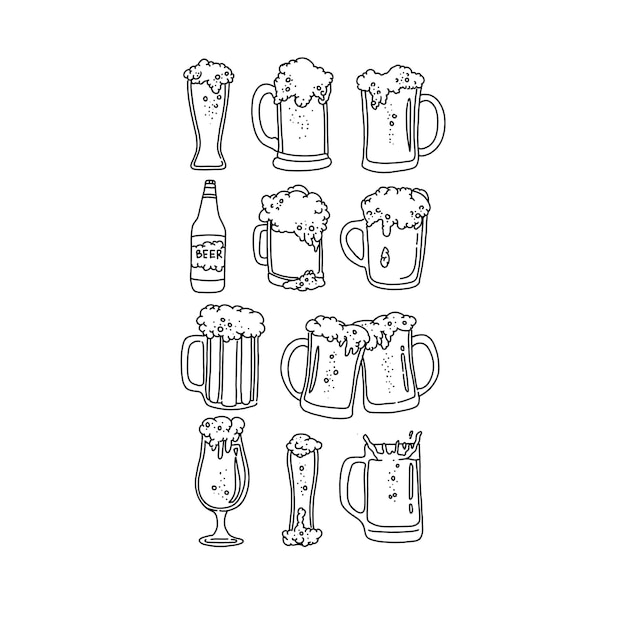 conjunto de vectores de ilustraciones de garabatos dibujados a mano de cerveza