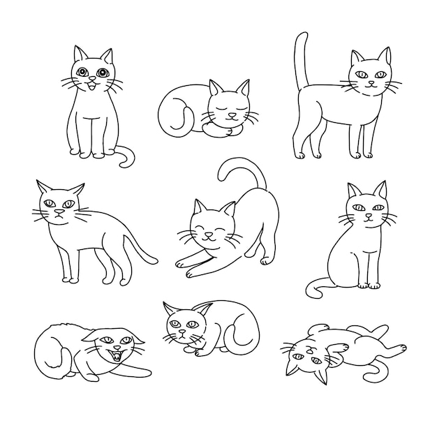 conjunto de vectores de ilustraciones de garabatos dibujados a mano de gato