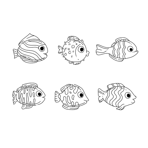 Conjunto de vectores de ilustraciones de garabatos dibujados a mano de pescado