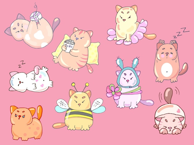 conjunto de vectores de ilustraciones de gatos de dibujos animados lindo