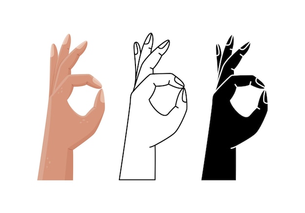 Vector conjunto de vectores con ilustraciones de un gesto con la mano - ok, aprox. mano de mujer de estilo simple, contorno y estilo plano