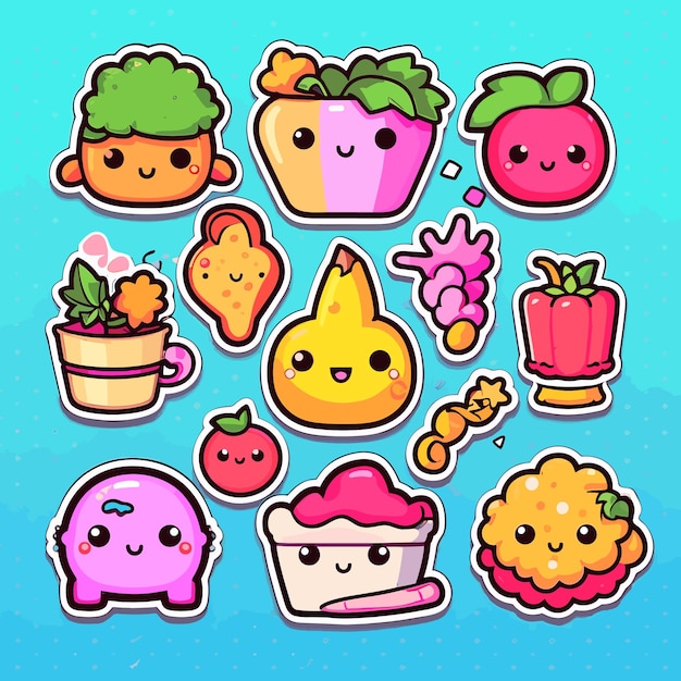 Vector conjunto de vectores de imágenes prediseñadas de pegatinas de comida kawaii ilustración de comida kawaii