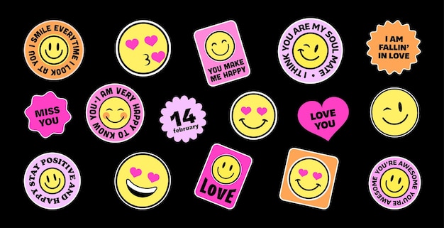 Conjunto de vectores de insignias de amor. Diseño de parches retro de moda. Pegatinas de sonrisas.