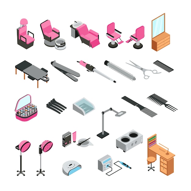 Vector un conjunto de vectores isométricos que representan equipos de salón sobre un fondo blanco.