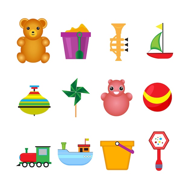 Conjunto de vectores de juguetes para niños, iconos de juguetes de dibujos animados.