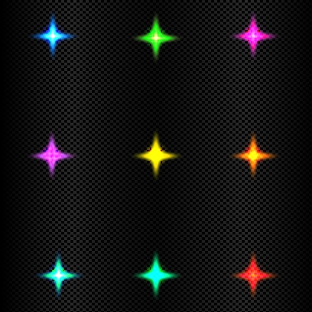 Conjunto de vectores libres de coloridas estrellas de luz de neón