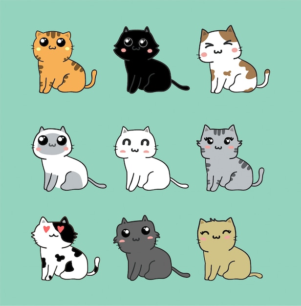 Conjunto de vectores lindo gato Kawaii