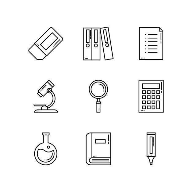 Conjunto de vectores de línea completo de suministros escolares e instrumentos educativos
