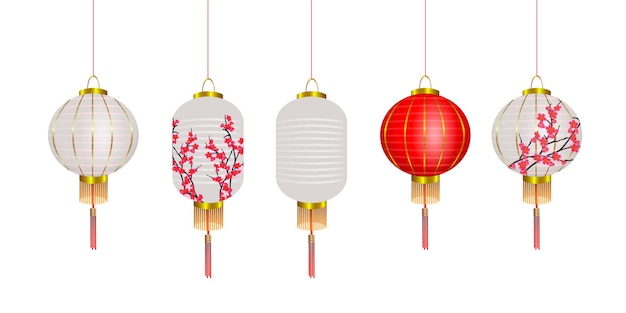 Conjunto de vectores de linternas chinas, lámparas rojas y blancas de año nuevo chino con sakura. Decoración de festivales. Elementos de diseño 3d realistas