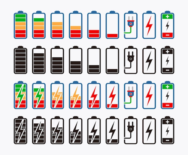 Conjunto de vectores de logotipo de batería móvil, conjunto de iconos de batería en diferentes estilos visuales