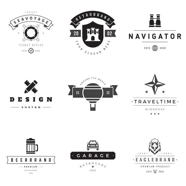 Conjunto de vectores de logotipos retro elementos de diseño de gráficos vintage para logotipos etiquetas de identidad insignias cintas flechas y otros objetos