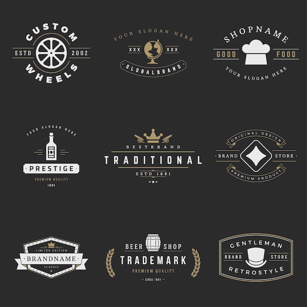 Conjunto de vectores de logotipos retro elementos de diseño de gráficos vintage para logotipos etiquetas de identidad insignias cintas flechas y otros objetos