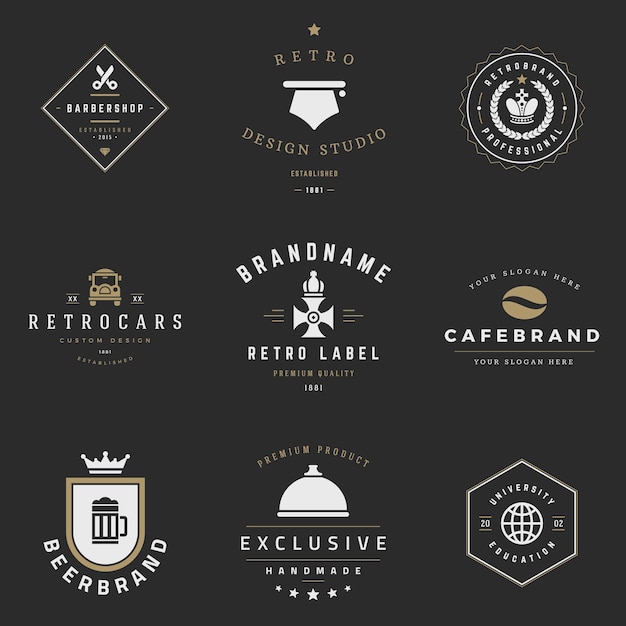 Conjunto de vectores de logotipos retro Elementos de diseño de gráficos vintage para logotipos etiquetas de identidad insignias cintas flechas y otros objetos