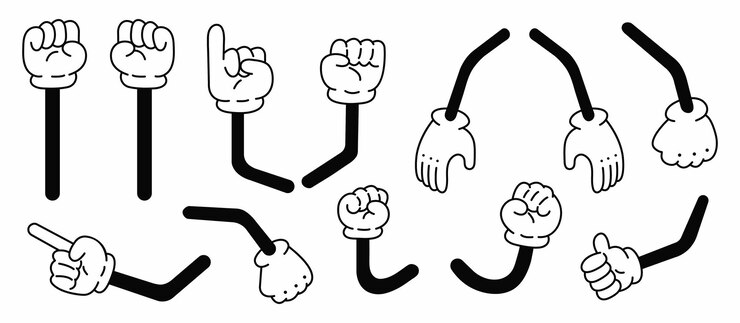 Vector conjunto de vectores de manos cómicas geniales de los años 70 colección de manos de personajes de dibujos animados en diferentes poses