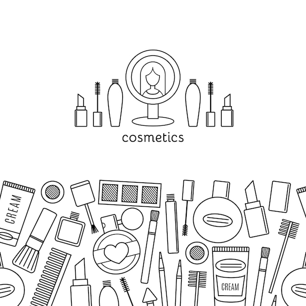 Conjunto de vectores de maquillaje y cosméticos horizontales de banner. fondo de moda
