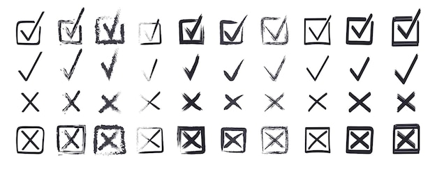 Conjunto de vectores de marca de verificación y cruz Signos de pincel cruzado de marcador Iconos OK y X en estilo dibujado a mano Super marca de verificación dibujada a mano Botón SÍ y NO