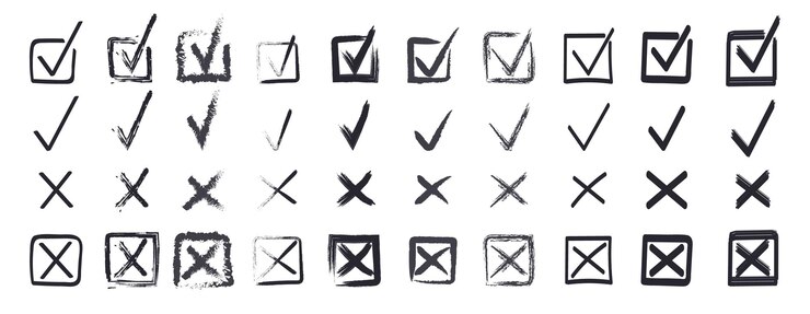 Vector conjunto de vectores de marca de verificación y cruz signos de pincel cruzado de marcador iconos ok y x en estilo dibujado a mano super marca de verificación dibujada a mano botón sí y no