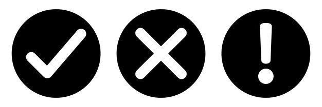 Conjunto de vectores de marca de verificación redonda plana iconos de marca X signo de exclamación ronda de exclamación de marca de verificación